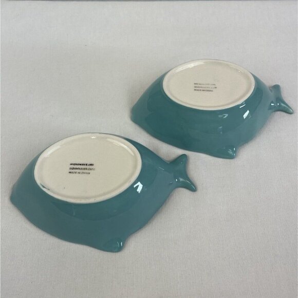 Vintage Fish-Shaped Ceramic Bowls In Aqua Blue Set Of 2 Coastal Nautical - Picture 6 of 11